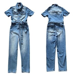 Avec Les Filles Women's Blue Jean Denim Jumpsuit‎ Size 28 Belted Stretch Pockets